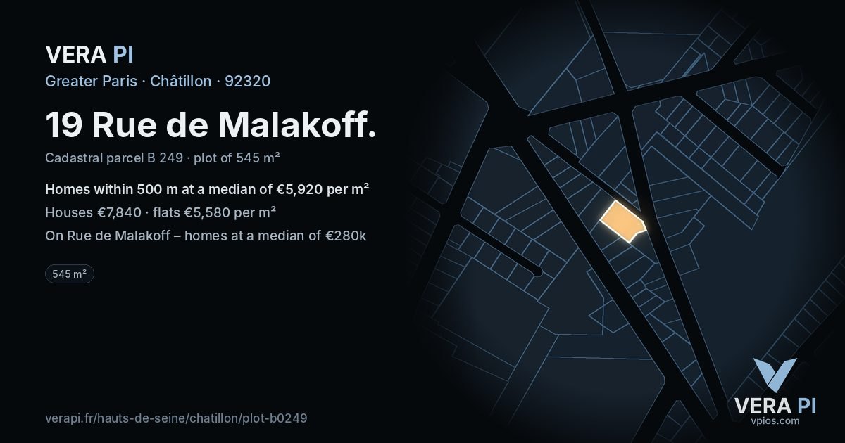 19 Rue de Malakoff, Châtillon at night – the plot lit, the parcels around coloured by the prices near them
