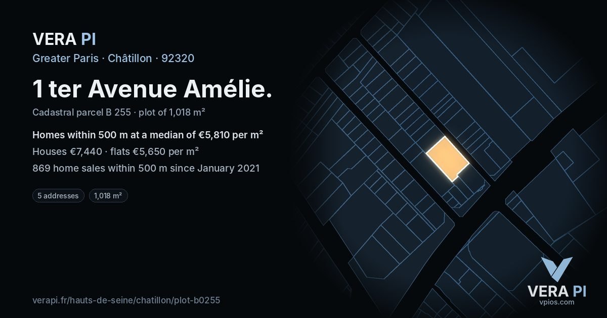 1 ter Avenue Amélie, Châtillon at night – the plot lit, the parcels around coloured by the prices near them