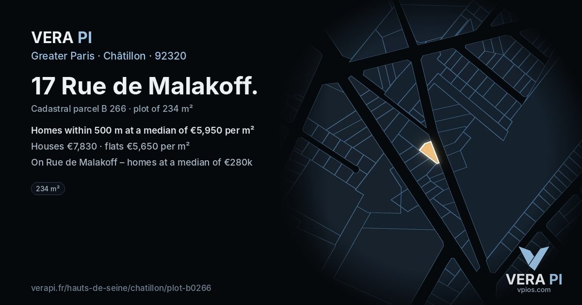 17 Rue de Malakoff, Châtillon at night – the plot lit, the parcels around coloured by the prices near them