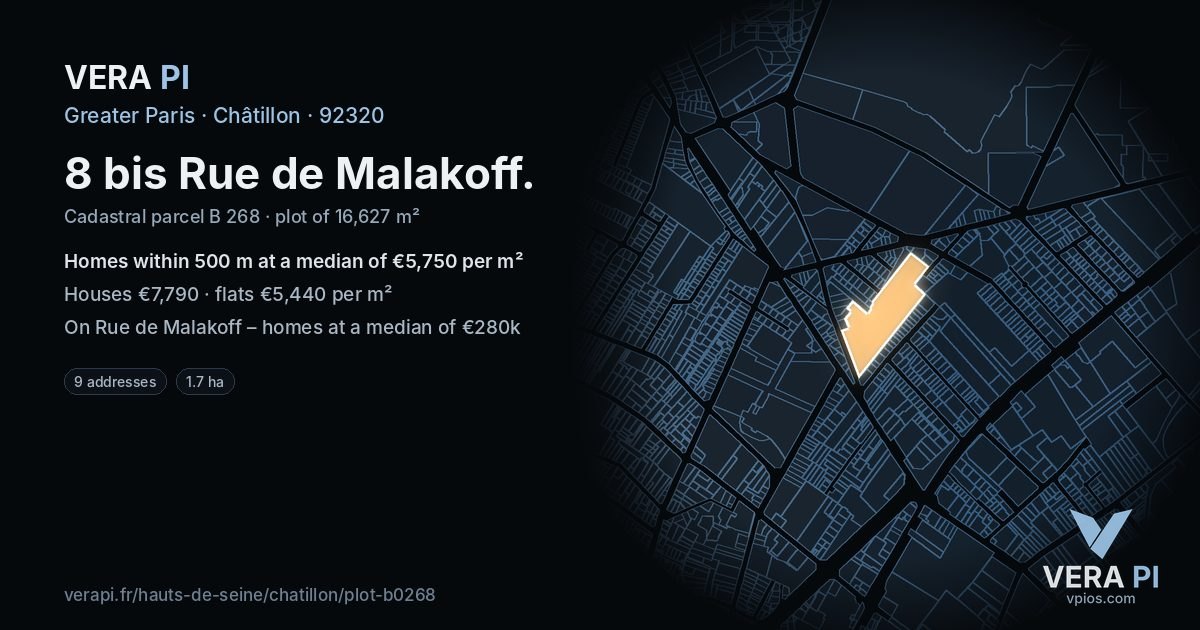 8 bis Rue de Malakoff, Châtillon at night – the plot lit, the parcels around coloured by the prices near them