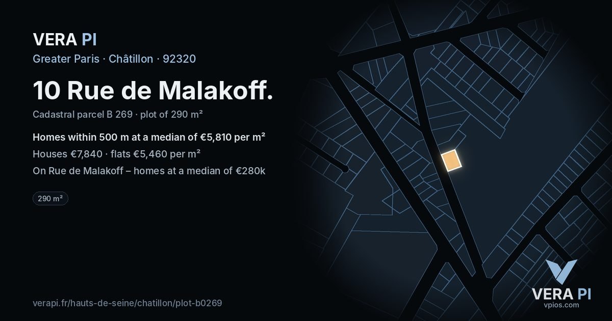 10 Rue de Malakoff, Châtillon at night – the plot lit, the parcels around coloured by the prices near them