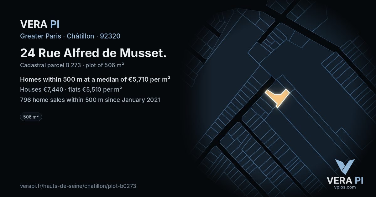 24 Rue Alfred de Musset, Châtillon at night – the plot lit, the parcels around coloured by the prices near them