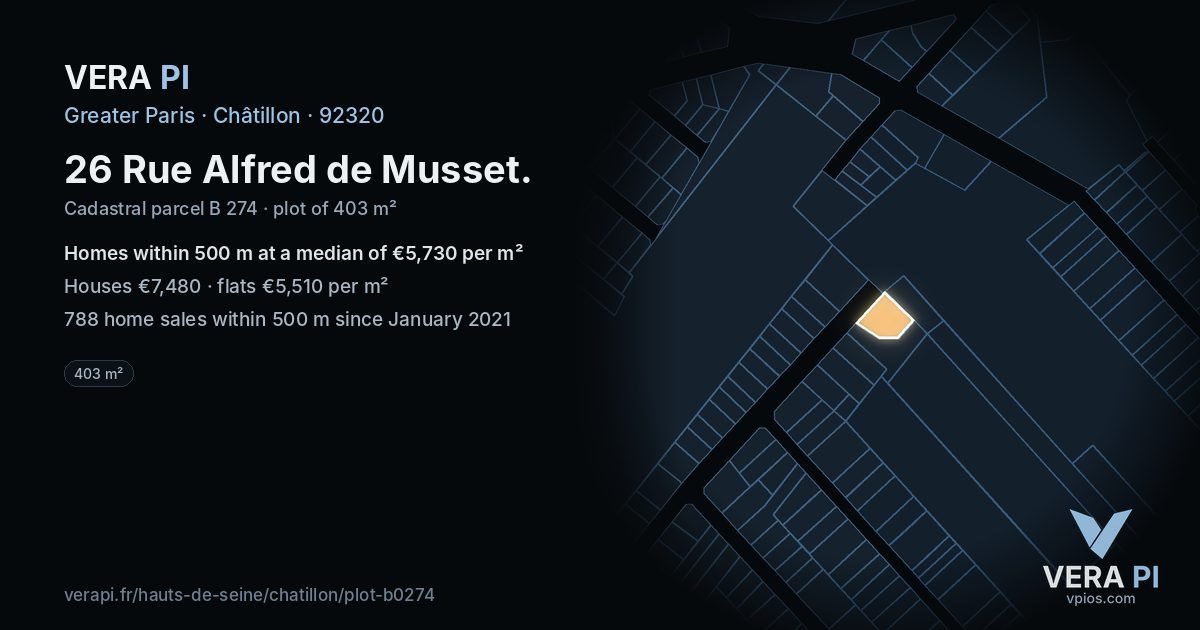 26 Rue Alfred de Musset, Châtillon at night – the plot lit, the parcels around coloured by the prices near them