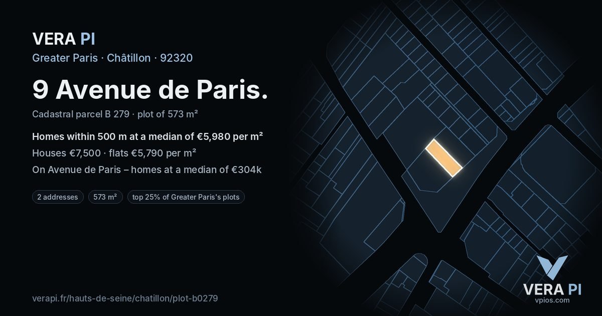 9 Avenue de Paris, Châtillon at night – the plot lit, the parcels around coloured by the prices near them