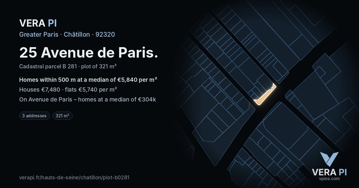25 Avenue de Paris, Châtillon at night – the plot lit, the parcels around coloured by the prices near them