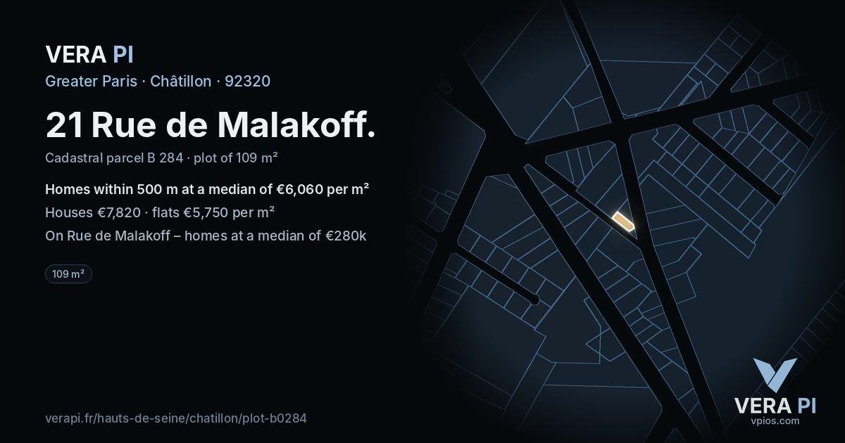 21 Rue de Malakoff, Châtillon at night – the plot lit, the parcels around coloured by the prices near them
