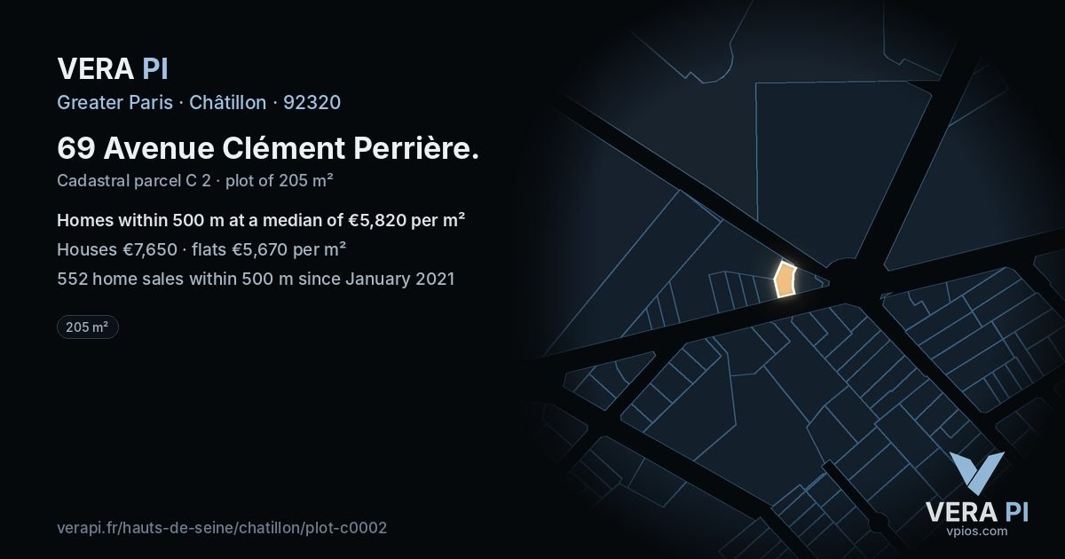 69 Avenue Clément Perrière, Châtillon at night – the plot lit, the parcels around coloured by the prices near them