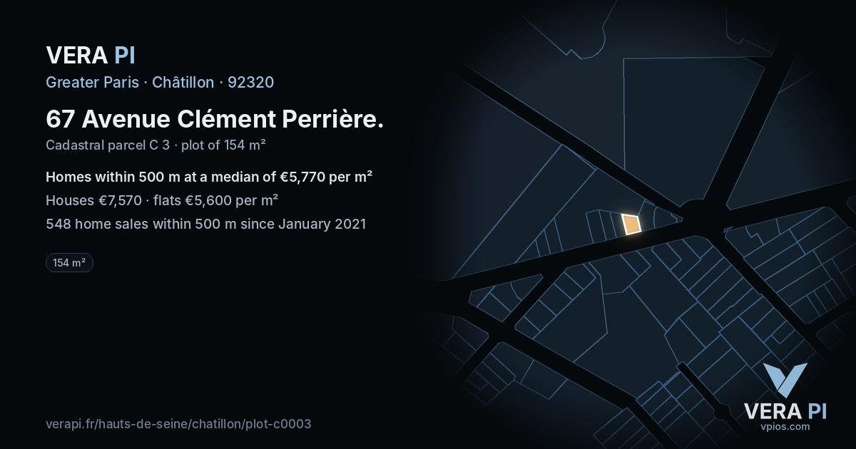 67 Avenue Clément Perrière, Châtillon at night – the plot lit, the parcels around coloured by the prices near them