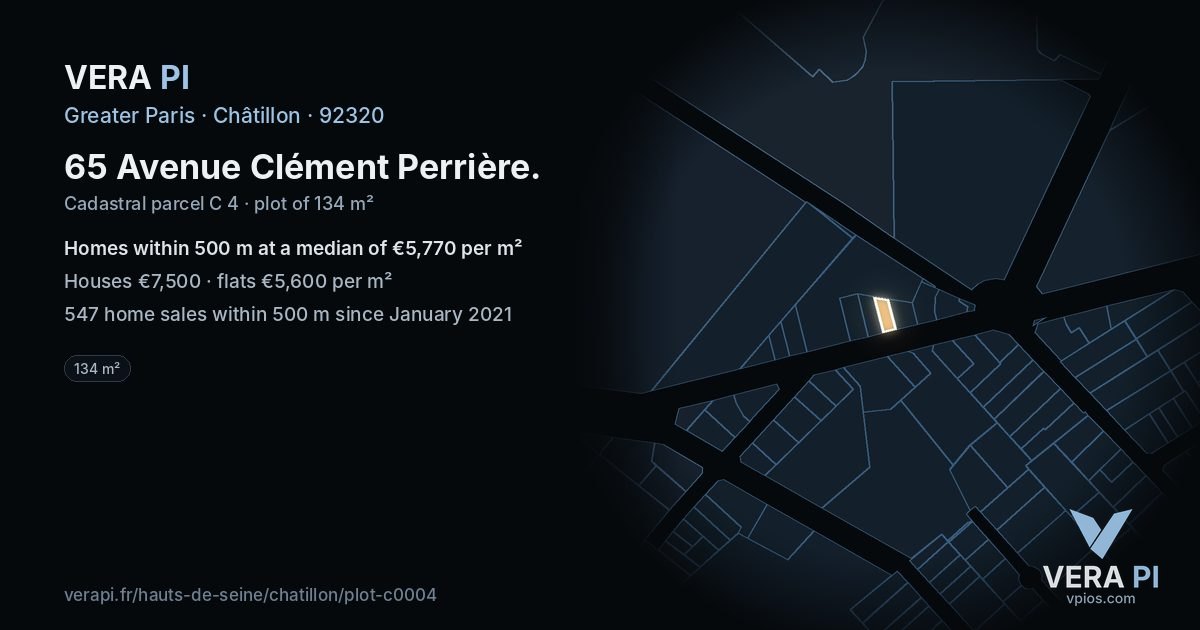 65 Avenue Clément Perrière, Châtillon at night – the plot lit, the parcels around coloured by the prices near them