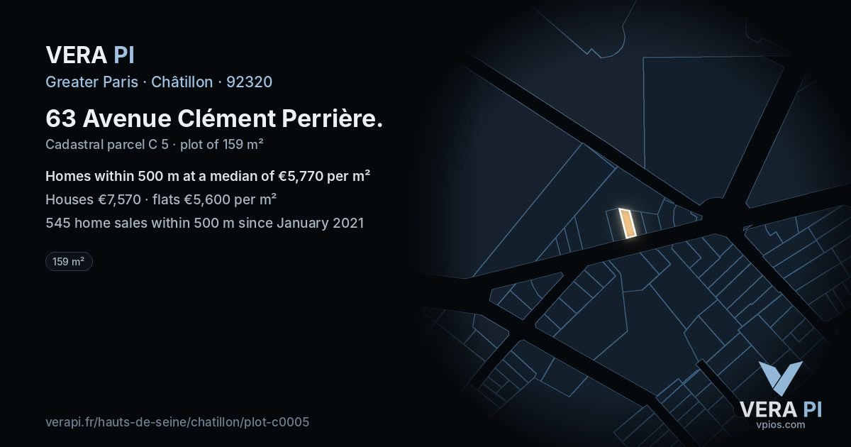 63 Avenue Clément Perrière, Châtillon at night – the plot lit, the parcels around coloured by the prices near them