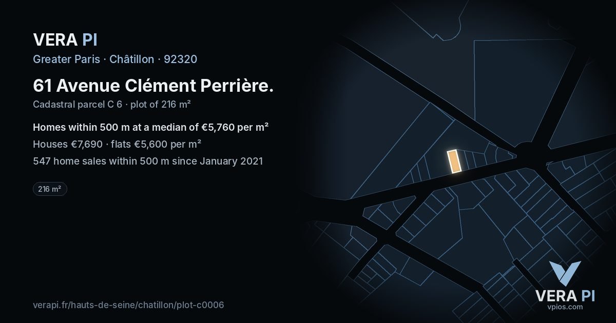 61 Avenue Clément Perrière, Châtillon at night – the plot lit, the parcels around coloured by the prices near them