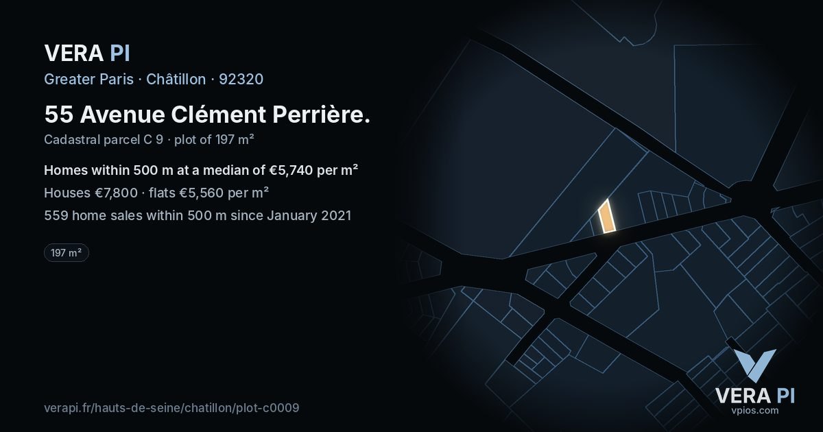55 Avenue Clément Perrière, Châtillon at night – the plot lit, the parcels around coloured by the prices near them