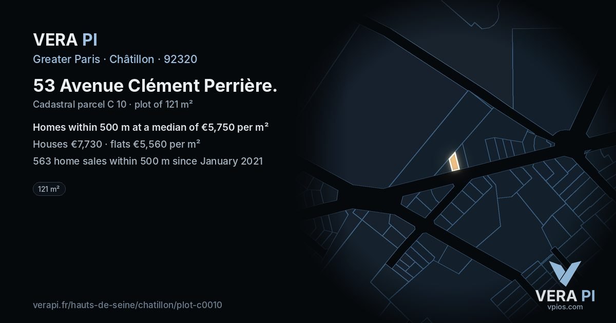 53 Avenue Clément Perrière, Châtillon at night – the plot lit, the parcels around coloured by the prices near them