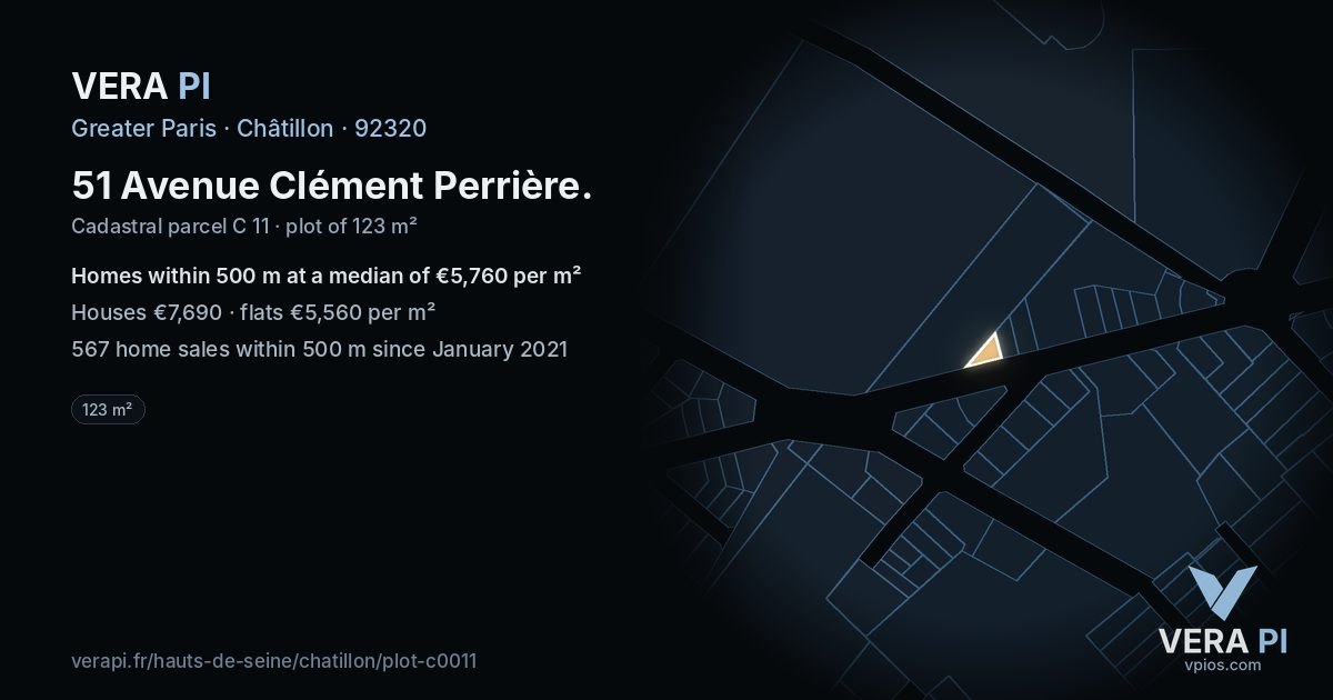 51 Avenue Clément Perrière, Châtillon at night – the plot lit, the parcels around coloured by the prices near them