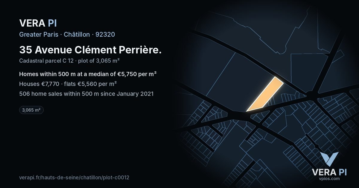 35 Avenue Clément Perrière, Châtillon at night – the plot lit, the parcels around coloured by the prices near them