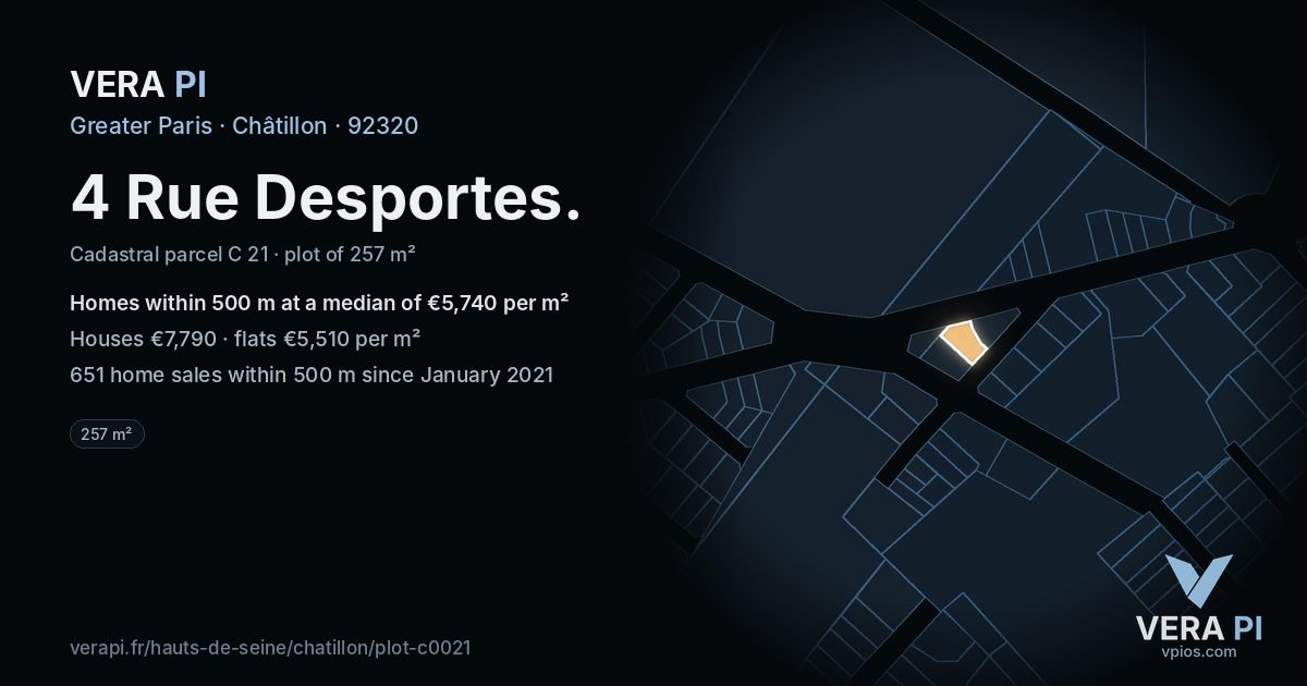 4 Rue Desportes, Châtillon at night – the plot lit, the parcels around coloured by the prices near them