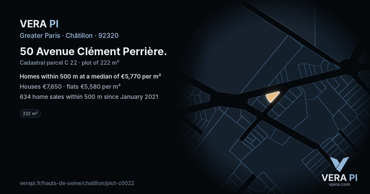 50 Avenue Clément Perrière, Châtillon at night – the plot lit, the parcels around coloured by the prices near them