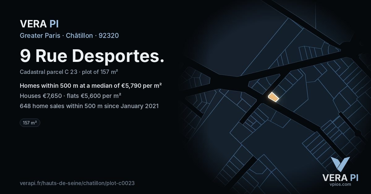 9 Rue Desportes, Châtillon at night – the plot lit, the parcels around coloured by the prices near them