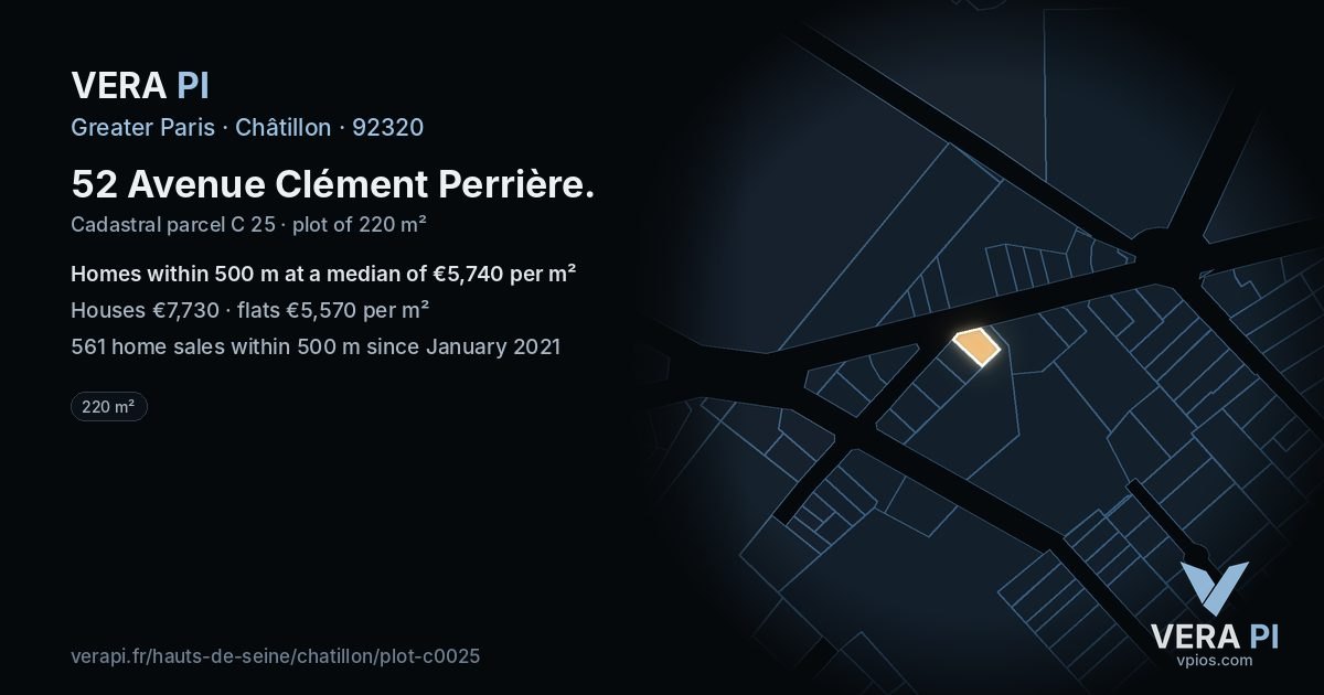 52 Avenue Clément Perrière, Châtillon at night – the plot lit, the parcels around coloured by the prices near them