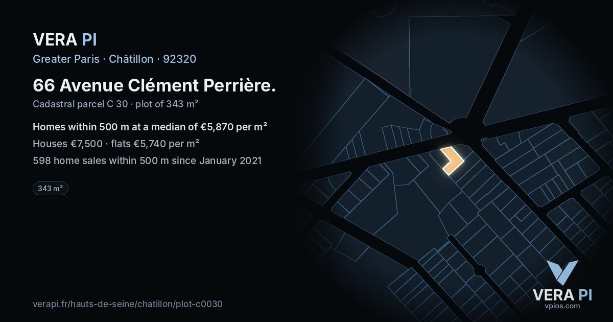 66 Avenue Clément Perrière, Châtillon at night – the plot lit, the parcels around coloured by the prices near them