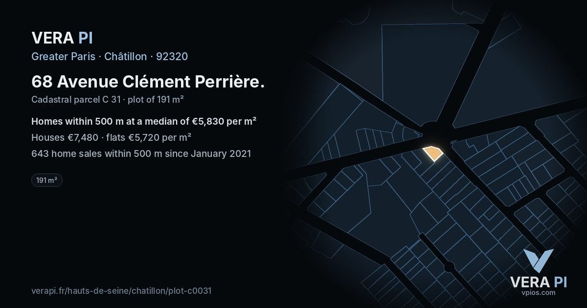 68 Avenue Clément Perrière, Châtillon at night – the plot lit, the parcels around coloured by the prices near them