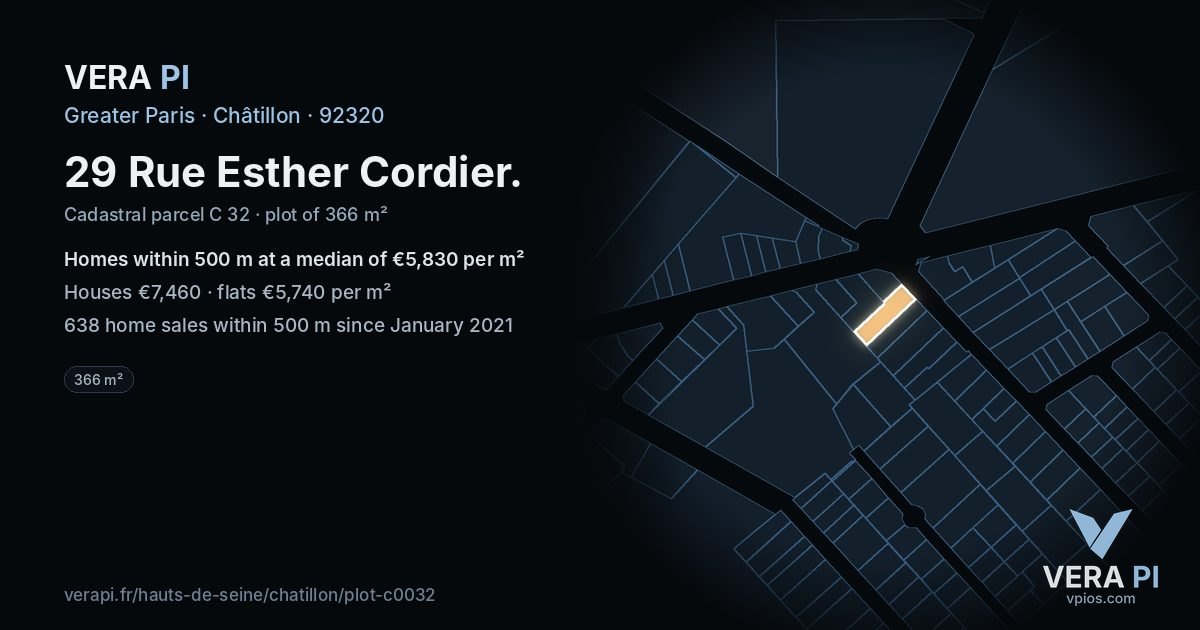 29 Rue Esther Cordier, Châtillon at night – the plot lit, the parcels around coloured by the prices near them