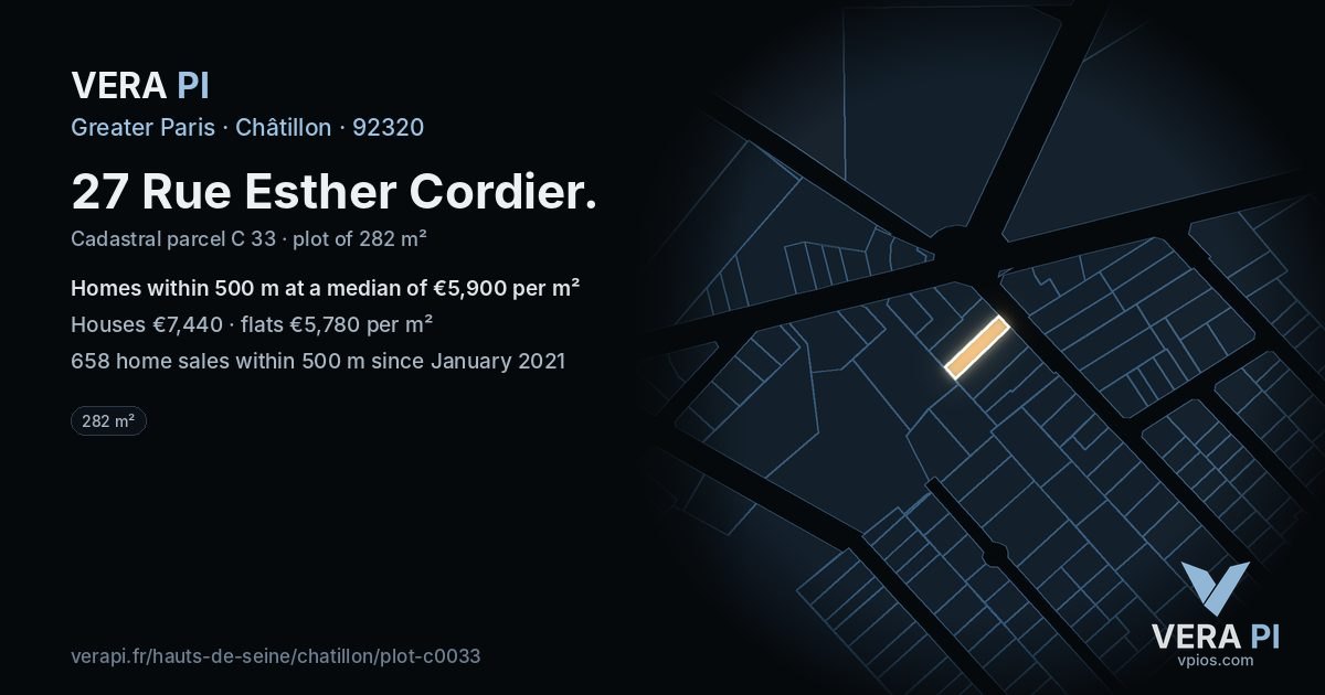 27 Rue Esther Cordier, Châtillon at night – the plot lit, the parcels around coloured by the prices near them