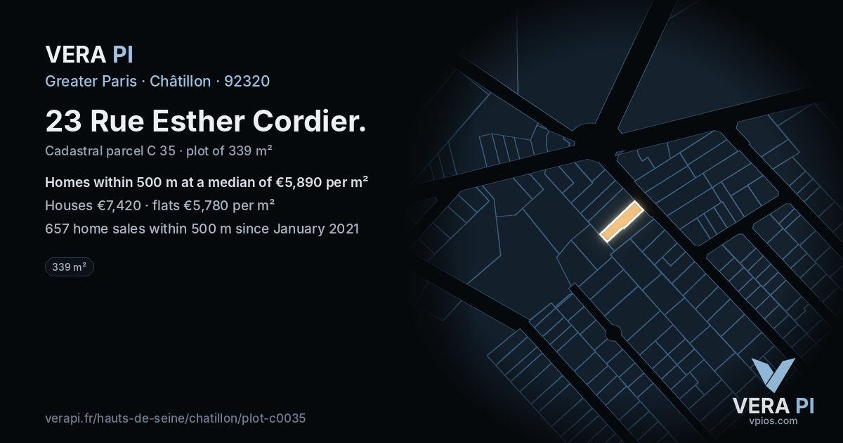 23 Rue Esther Cordier, Châtillon at night – the plot lit, the parcels around coloured by the prices near them
