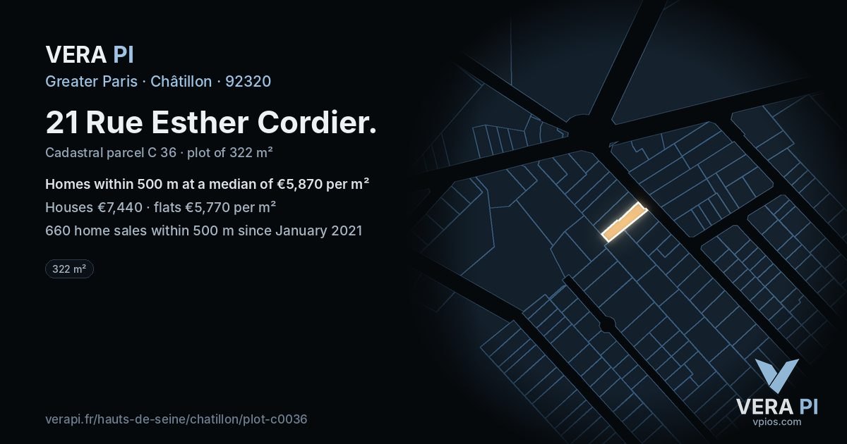 21 Rue Esther Cordier, Châtillon at night – the plot lit, the parcels around coloured by the prices near them