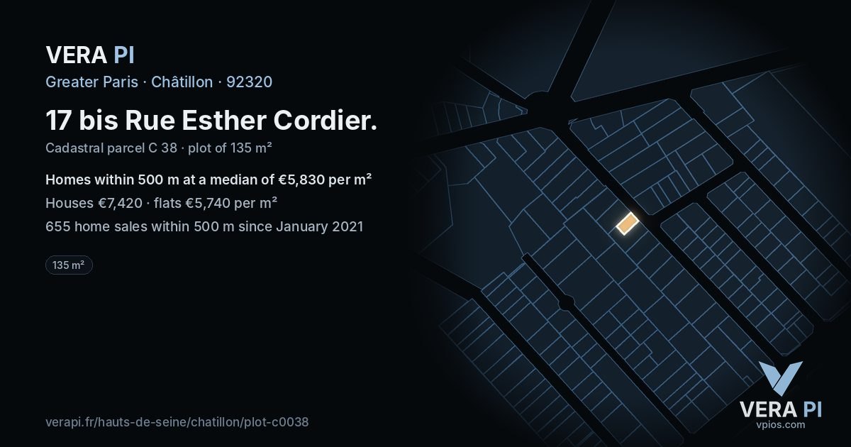 17 bis Rue Esther Cordier, Châtillon at night – the plot lit, the parcels around coloured by the prices near them