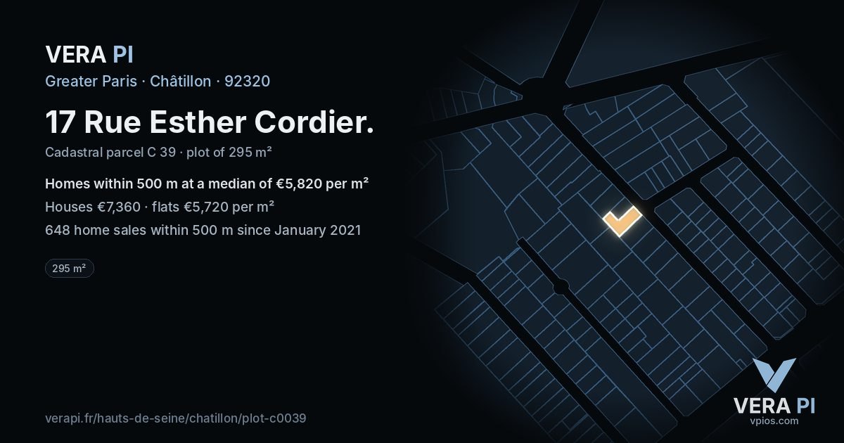 17 Rue Esther Cordier, Châtillon at night – the plot lit, the parcels around coloured by the prices near them