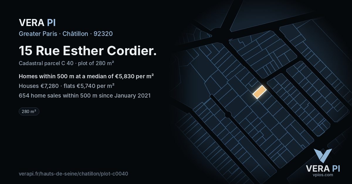 15 Rue Esther Cordier, Châtillon at night – the plot lit, the parcels around coloured by the prices near them