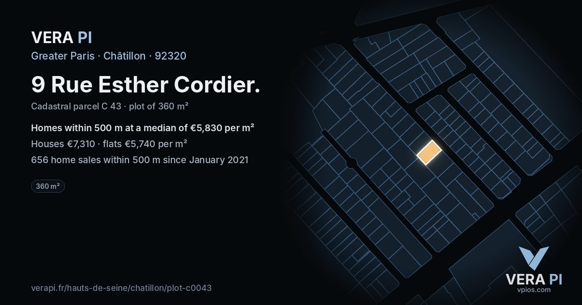 9 Rue Esther Cordier, Châtillon at night – the plot lit, the parcels around coloured by the prices near them