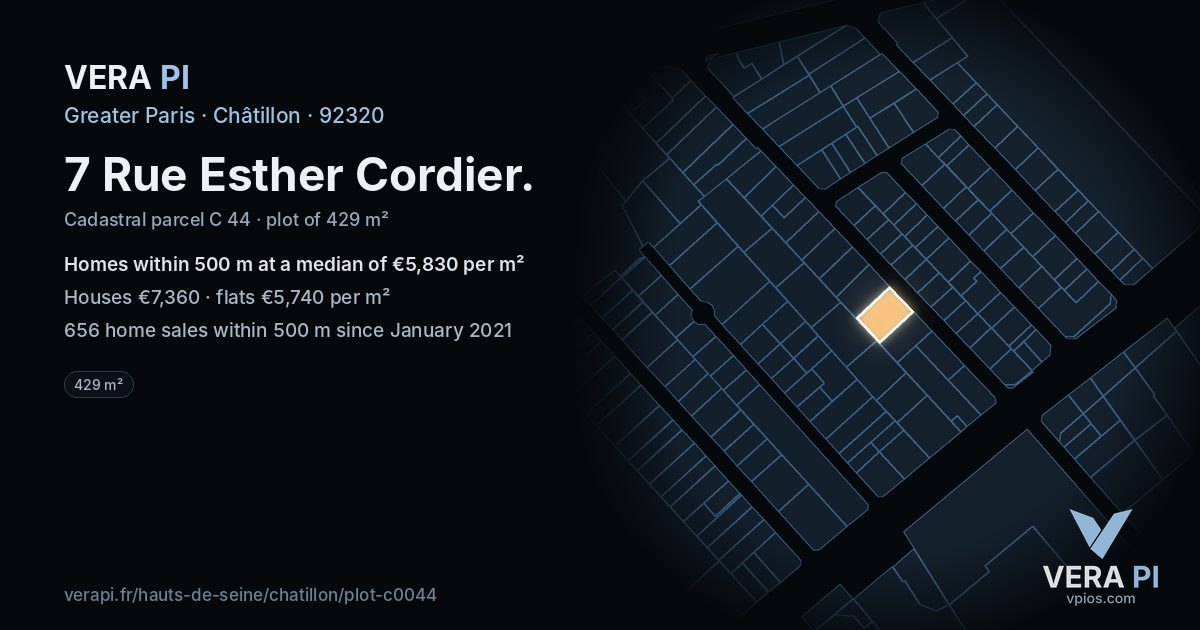 7 Rue Esther Cordier, Châtillon at night – the plot lit, the parcels around coloured by the prices near them