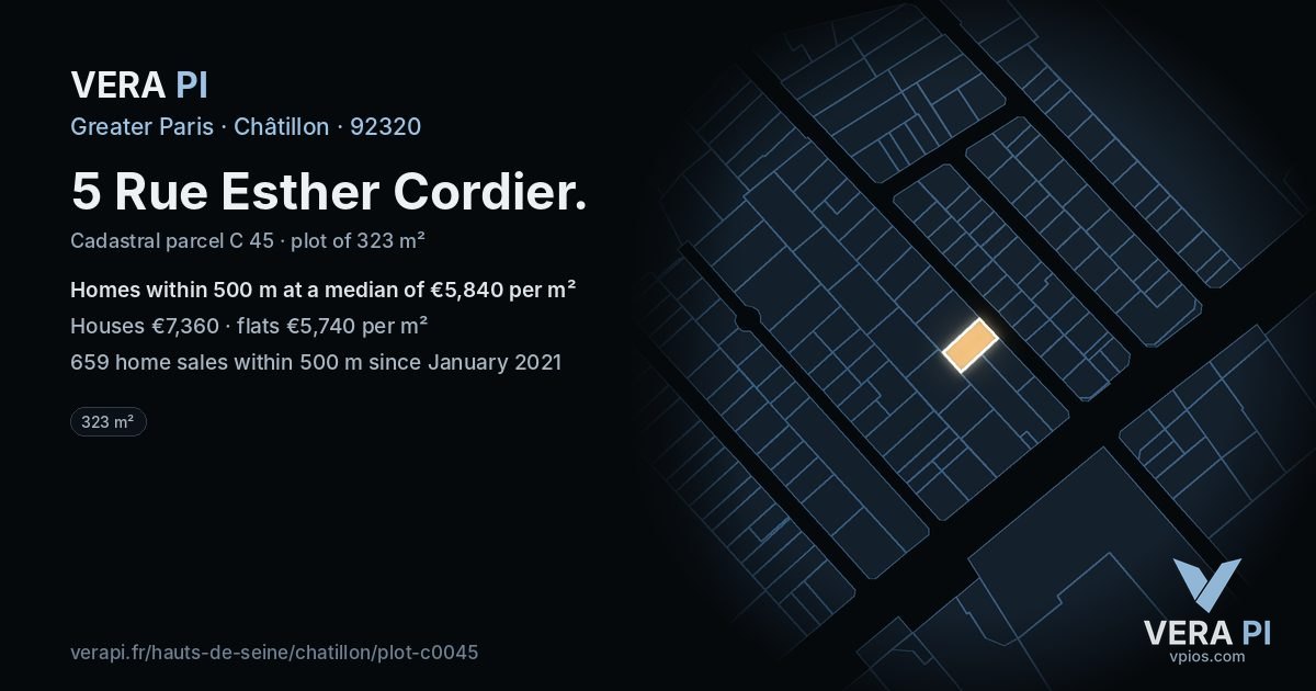 5 Rue Esther Cordier, Châtillon at night – the plot lit, the parcels around coloured by the prices near them