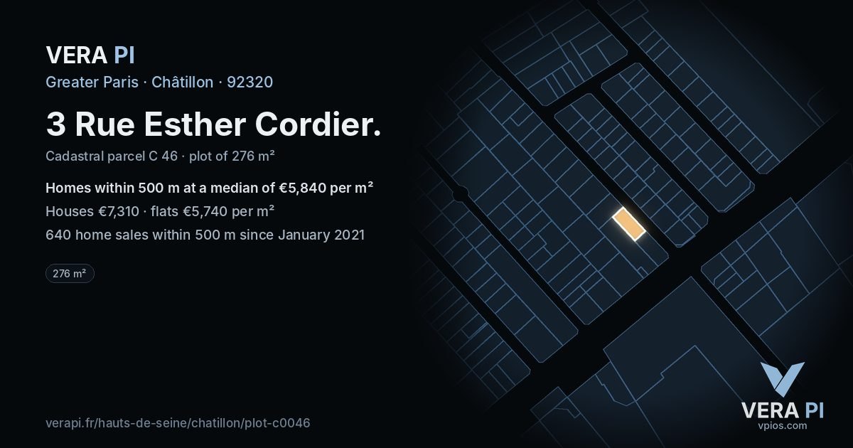 3 Rue Esther Cordier, Châtillon at night – the plot lit, the parcels around coloured by the prices near them