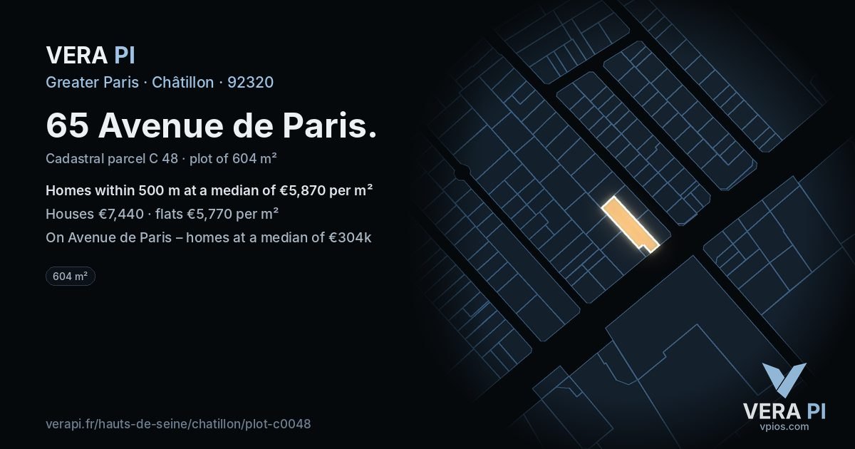 65 Avenue de Paris, Châtillon at night – the plot lit, the parcels around coloured by the prices near them