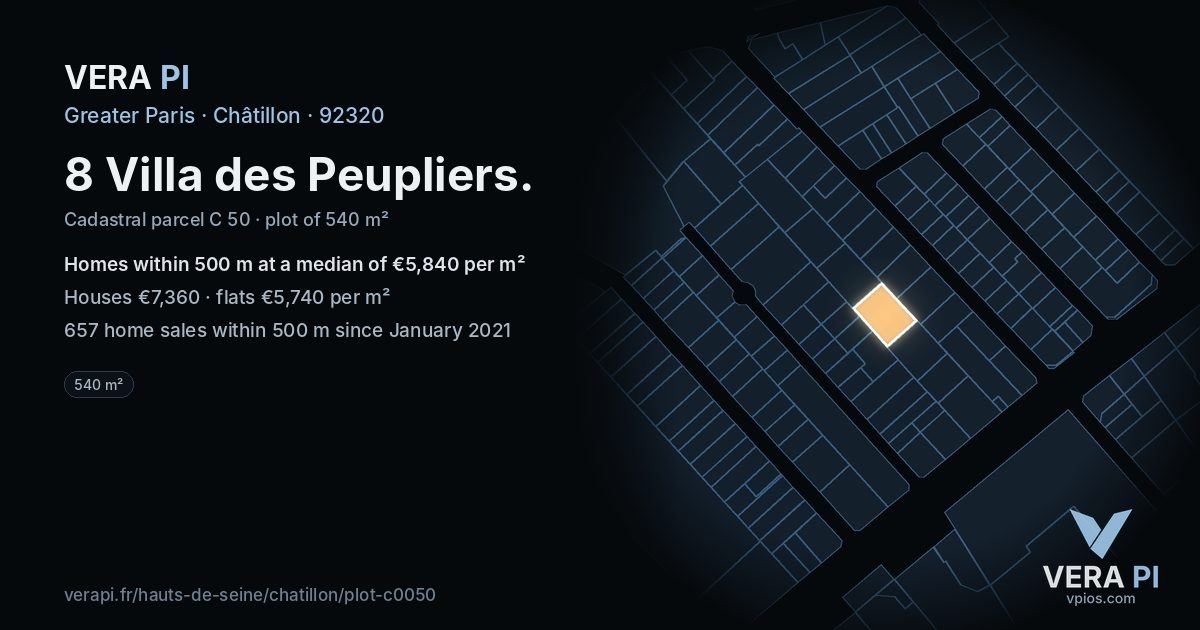 8 Villa des Peupliers, Châtillon at night – the plot lit, the parcels around coloured by the prices near them