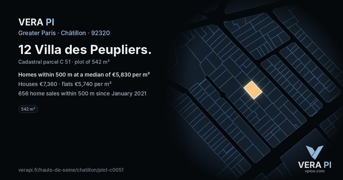 12 Villa des Peupliers, Châtillon at night – the plot lit, the parcels around coloured by the prices near them