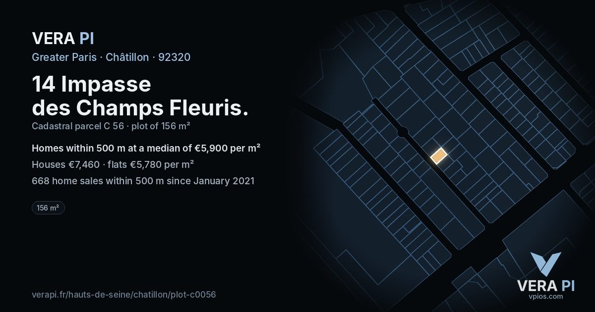 14 Impasse des Champs Fleuris, Châtillon at night – the plot lit, the parcels around coloured by the prices near them