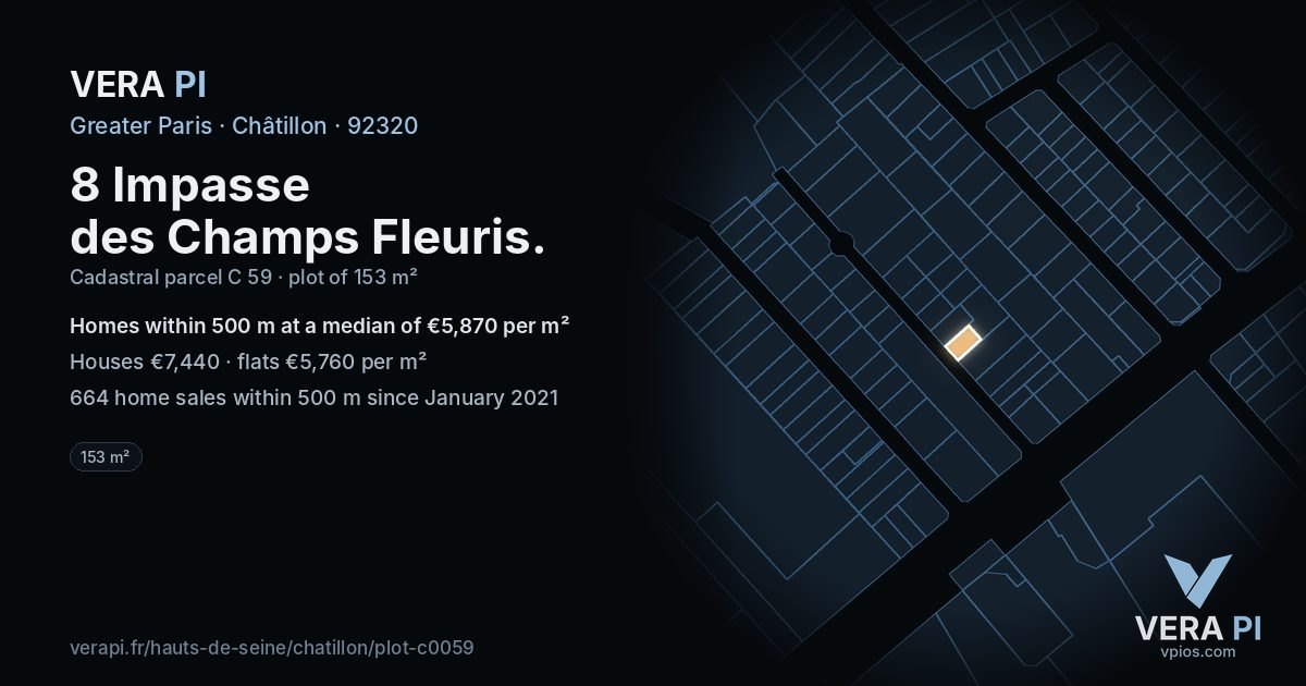 8 Impasse des Champs Fleuris, Châtillon at night – the plot lit, the parcels around coloured by the prices near them