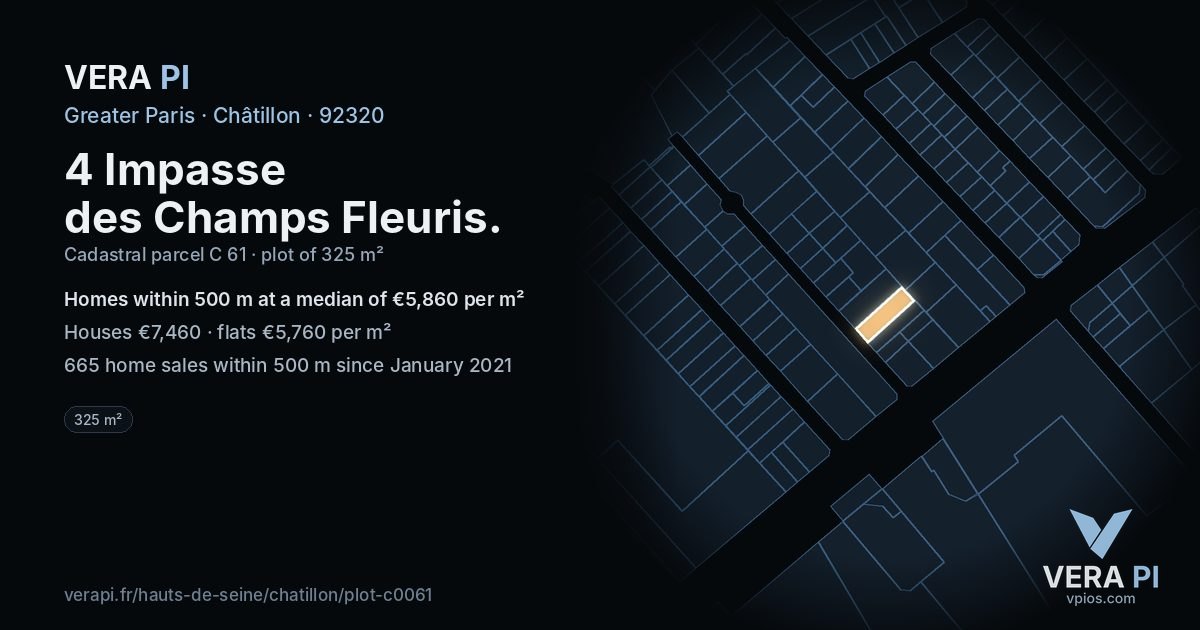 4 Impasse des Champs Fleuris, Châtillon at night – the plot lit, the parcels around coloured by the prices near them
