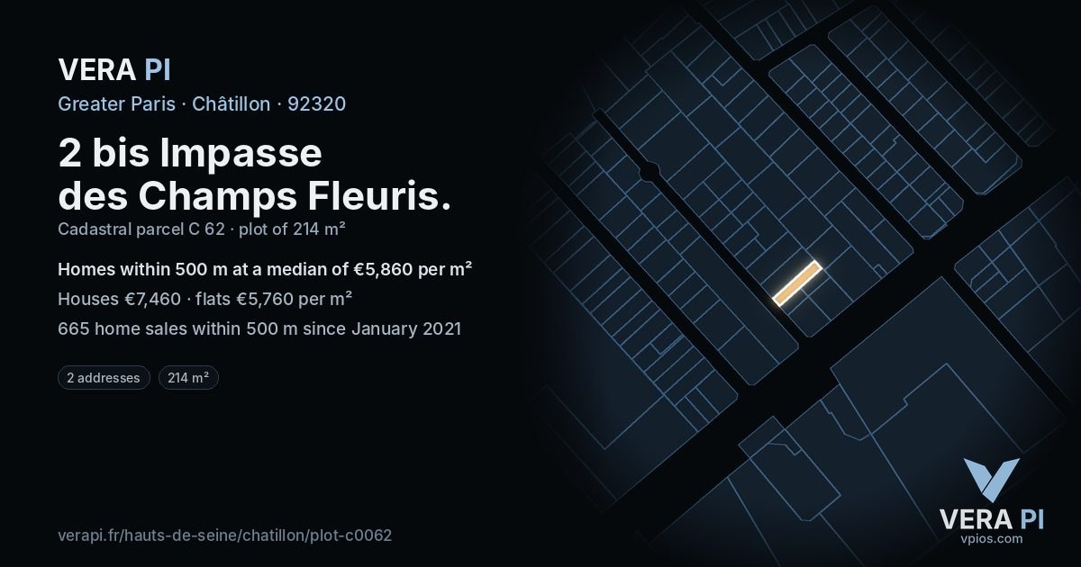 2 bis Impasse des Champs Fleuris, Châtillon at night – the plot lit, the parcels around coloured by the prices near them