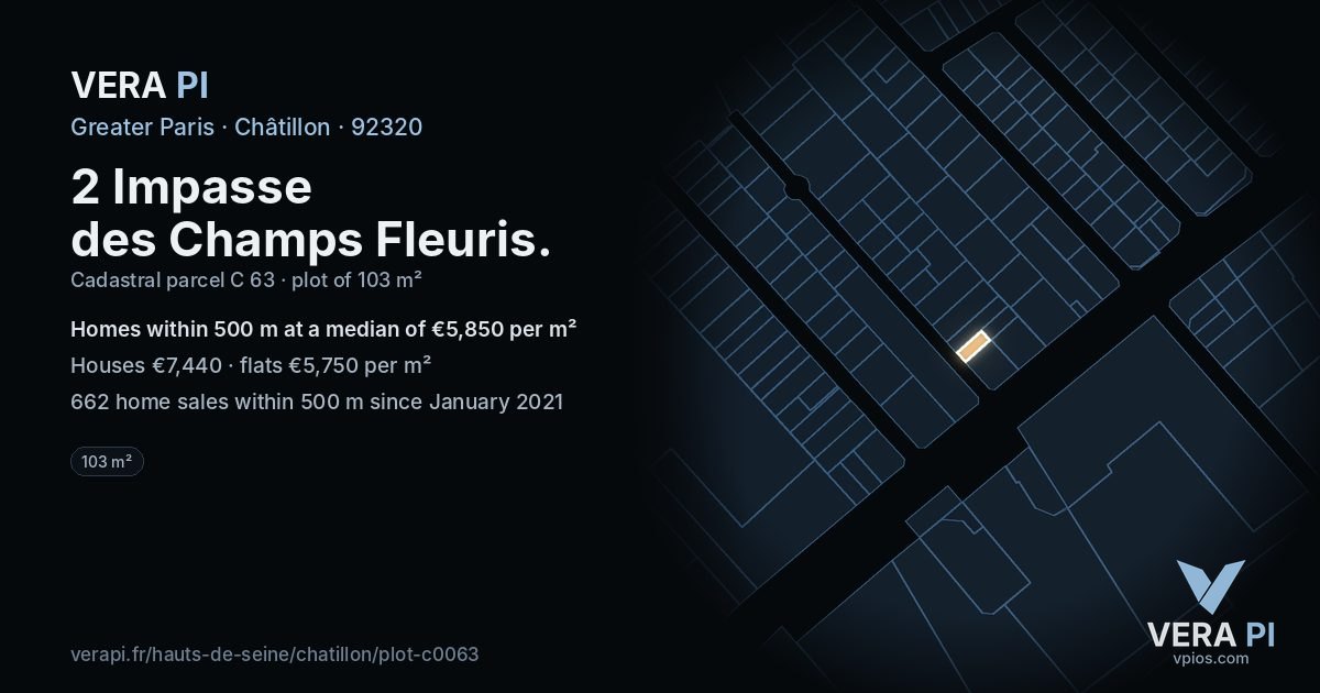 2 Impasse des Champs Fleuris, Châtillon at night – the plot lit, the parcels around coloured by the prices near them