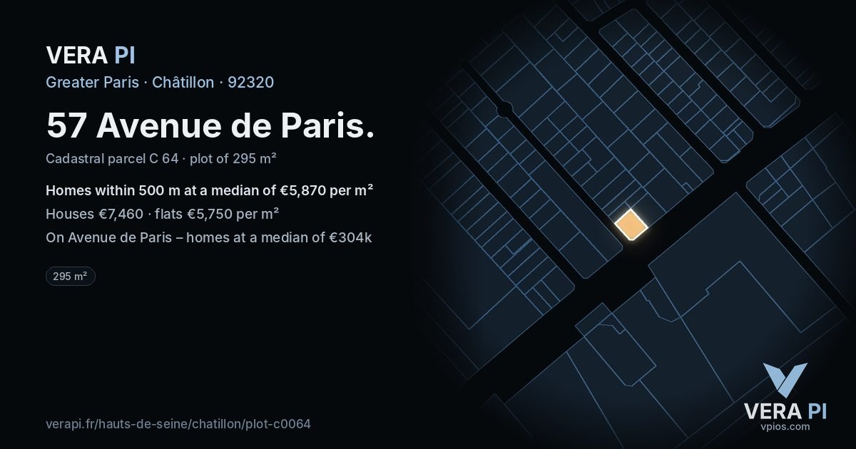 57 Avenue de Paris, Châtillon at night – the plot lit, the parcels around coloured by the prices near them