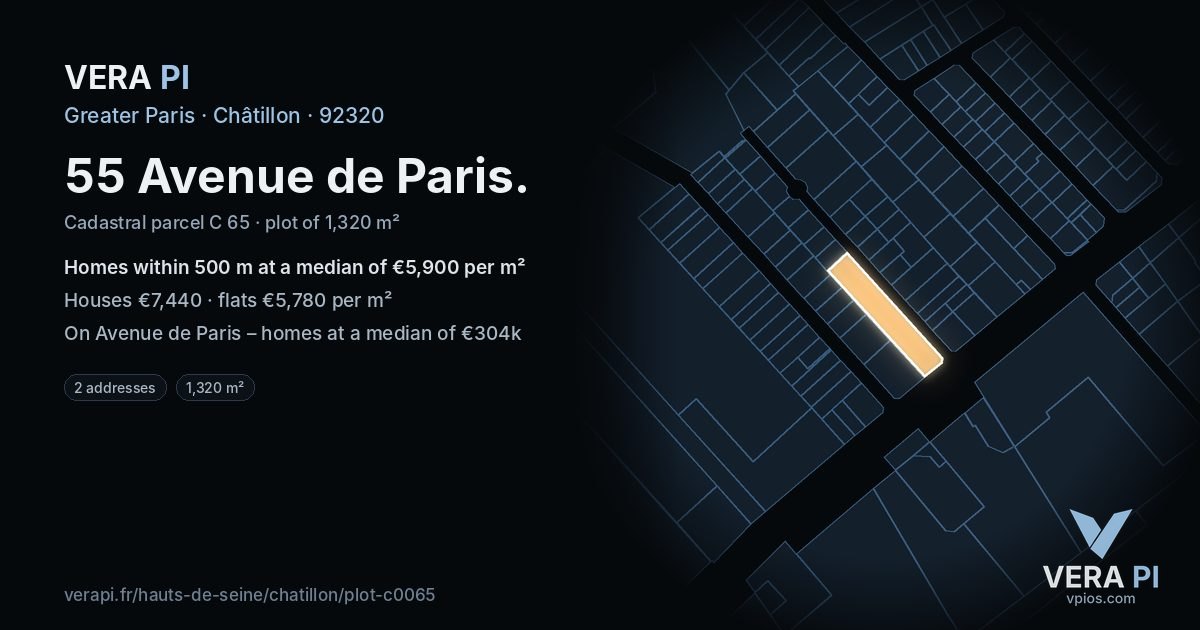 55 Avenue de Paris, Châtillon at night – the plot lit, the parcels around coloured by the prices near them