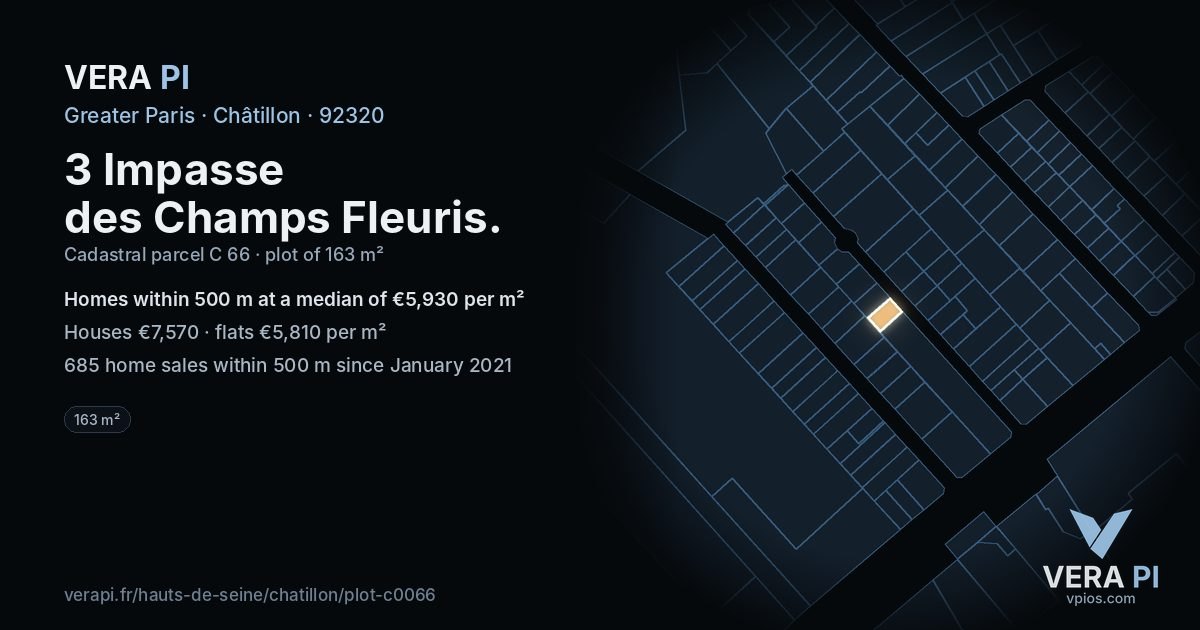 3 Impasse des Champs Fleuris, Châtillon at night – the plot lit, the parcels around coloured by the prices near them