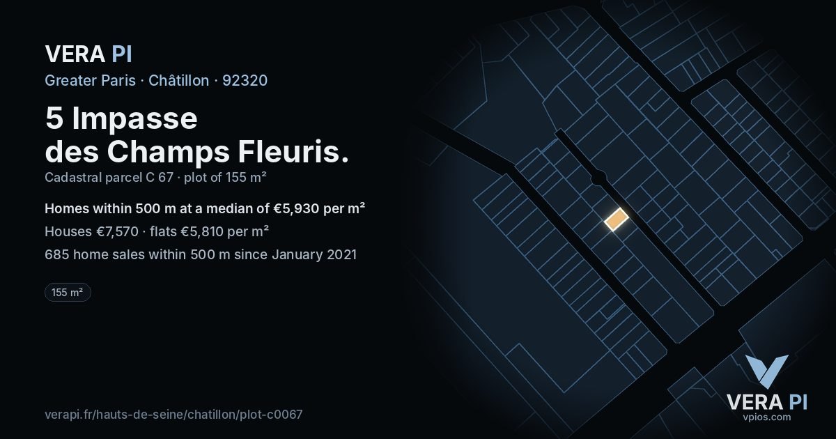 5 Impasse des Champs Fleuris, Châtillon at night – the plot lit, the parcels around coloured by the prices near them