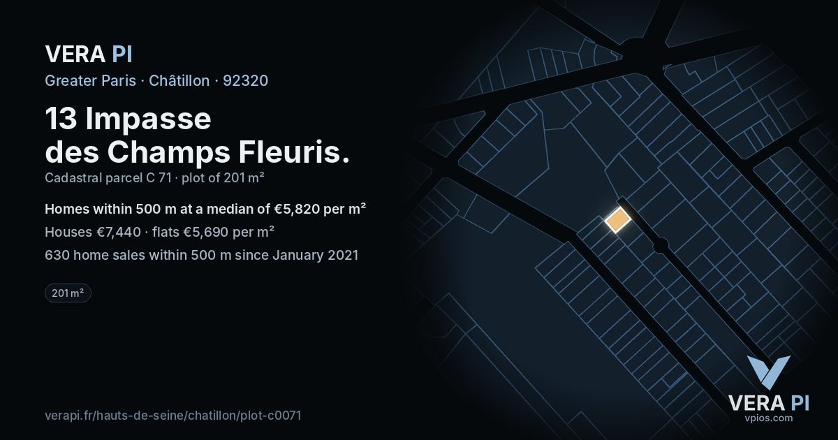 13 Impasse des Champs Fleuris, Châtillon at night – the plot lit, the parcels around coloured by the prices near them