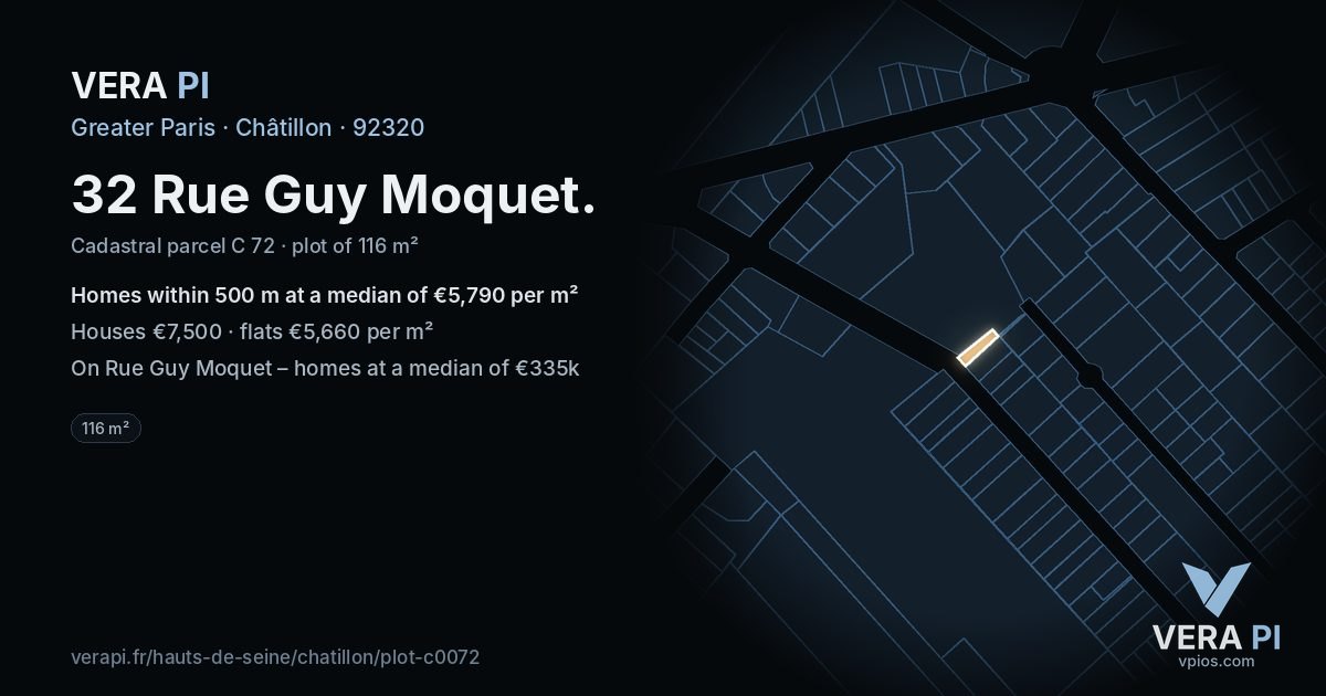 32 Rue Guy Moquet, Châtillon at night – the plot lit, the parcels around coloured by the prices near them